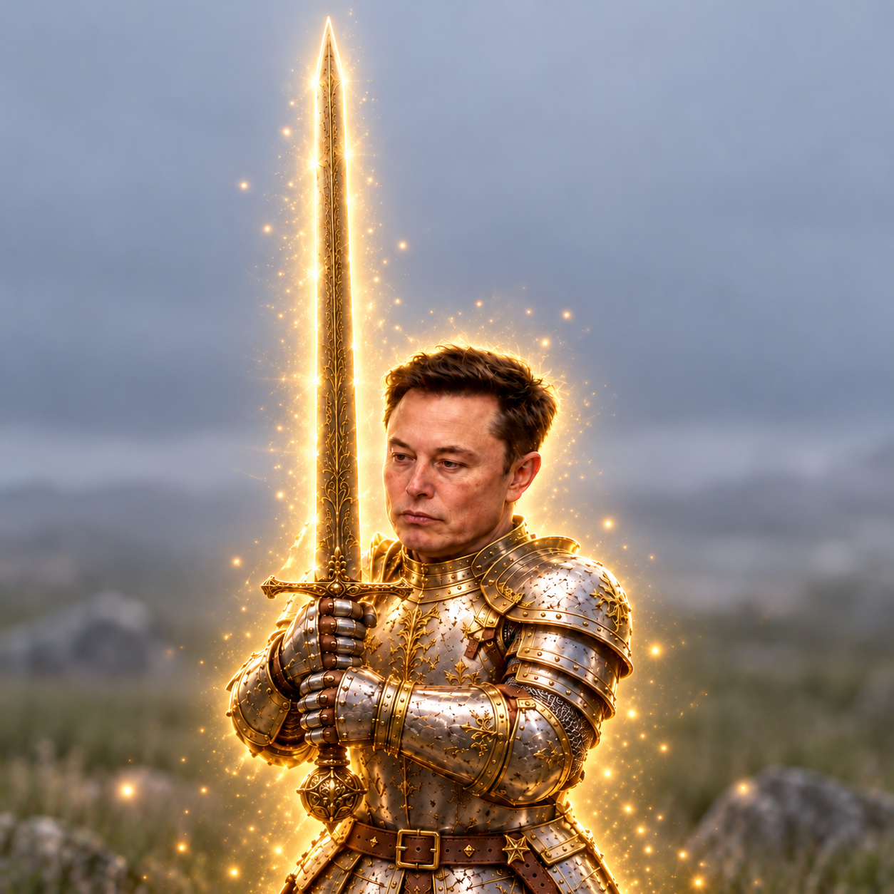 Elon as a knight in silver and gold armor holding a tall glowing sword
